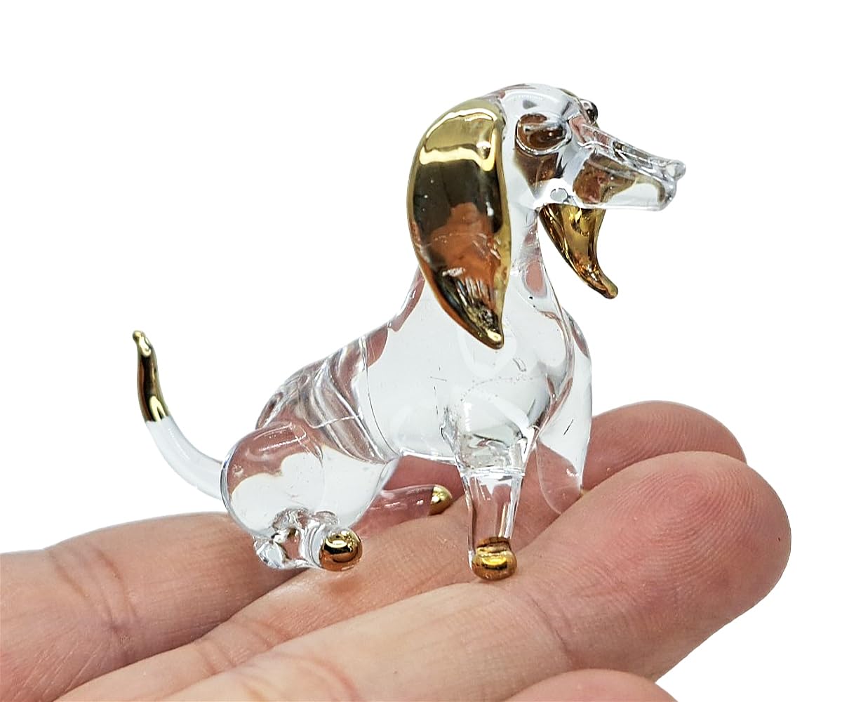 WitnyStore Tiny 2¼" Long Clear Gold Sitting Dachshund Figurine - Miniature Hand Blown Painted Glass Dogs Puppy Hound Canine Domestic Pet Animals Crystal Decorative Collectibles Figurines Décor Gifts