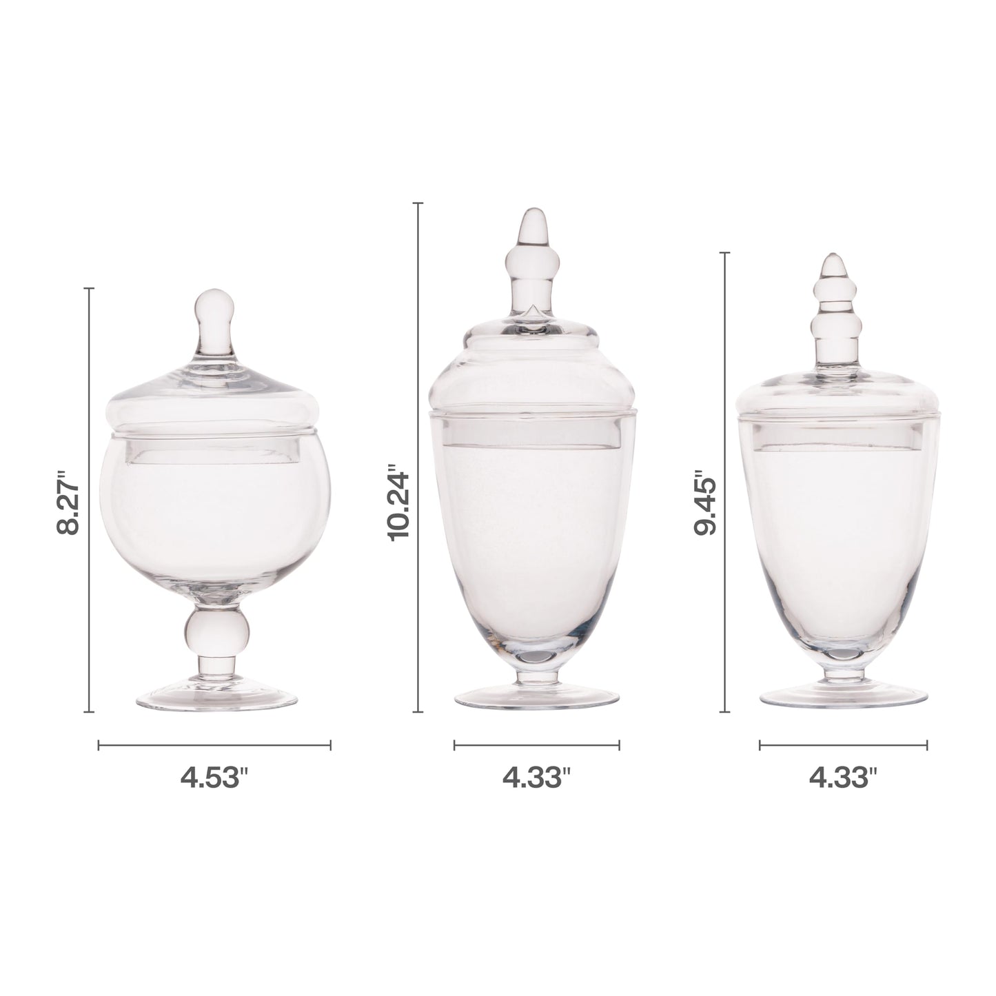 Elements Clear Glass Apothecary Jars with Lids, Set of 3 - Decorative Storage Jars for Home, Kitchen, Bathroom - 10, 9.5, 8.5 Inch Handcrafted Display Jar Set