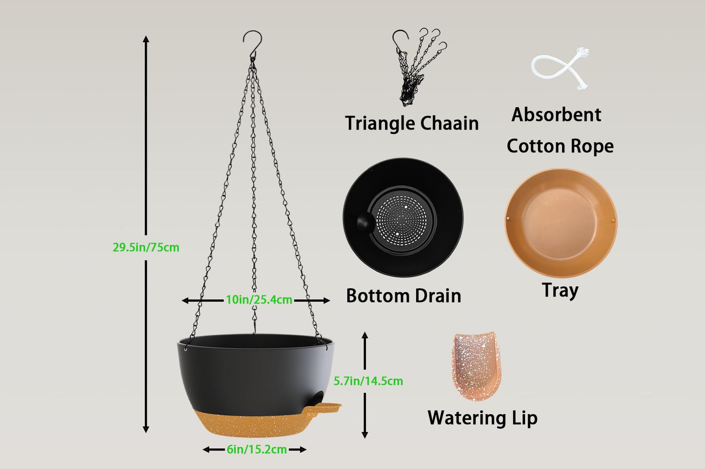 XQSHPDM Hanging Planters, 3-Pack 10 Inch Self-Watering Pots with Drainage Holes and Chains, Matte Plastic Planters for Indoor/Outdoor Plant（Black Brown）