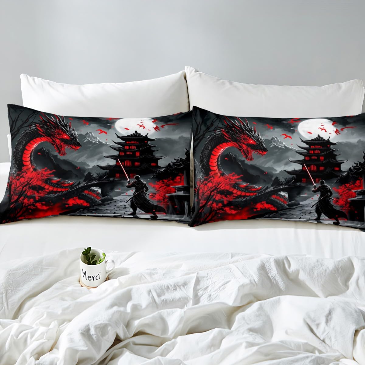 Erosebridal Dragon Bedding Set Queen Size, Japanese Style Comforter Set for Teens Youth Adult Men Room, Ancient Animal Quilt, Retro Wildlife Ukiyo-E Down Comforter, Black Grey Red