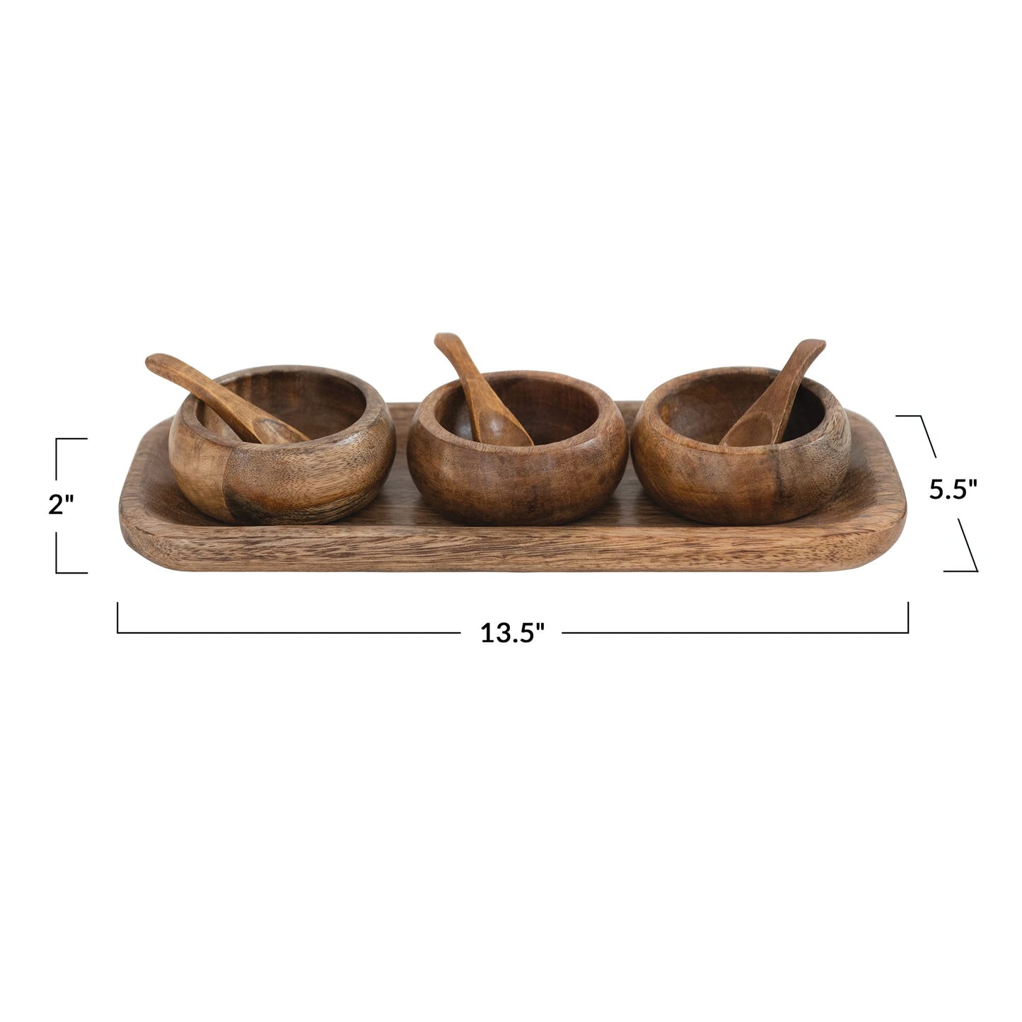 Bloomingville Spice Bowl Set with Wood Spoons on a Mango Wood Tray, Natural, Set of 3