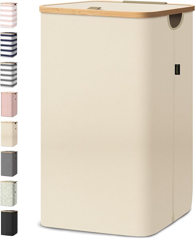 BALEINE Laundry Hamper with Lid, Tall Laundry Baskets with Bamboo Pull Handles