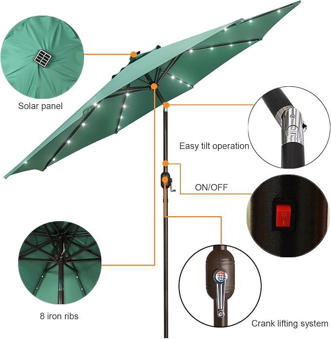 Blissun 9 ft Solar Umbrella, Patio Umbrella with 32 LED Lights, Outdoor Table Market Umbrella for Garden, Deck, Backyard (Seaglass)