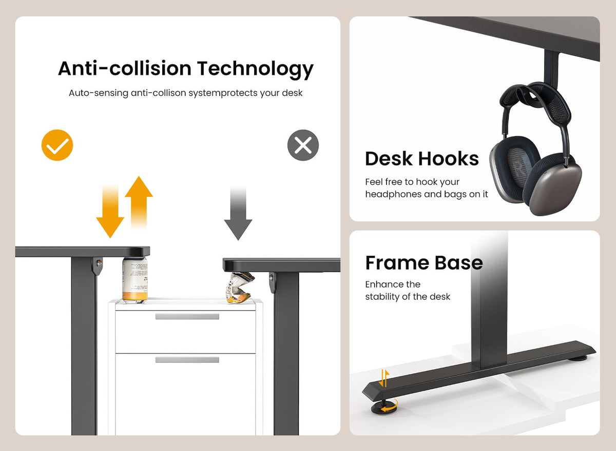BANTI 55 × 28 Inches Standing Desk, Ergonomic, Electric Height Adjustable, Sit and Stand Up, Computer Desk with a Deeper Desktop, Black Frame/Black Top