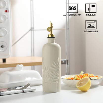 Sweejar 18 Oz Oil Dispenser for Kitchen with Gravity Spout, Ceramic Olive Oil Dispenser Bottle, Relief Opaque Vinegar Container for Evoo, Vinegar, Soy Sauce, Pack of 1(Beige, Gold Spout)