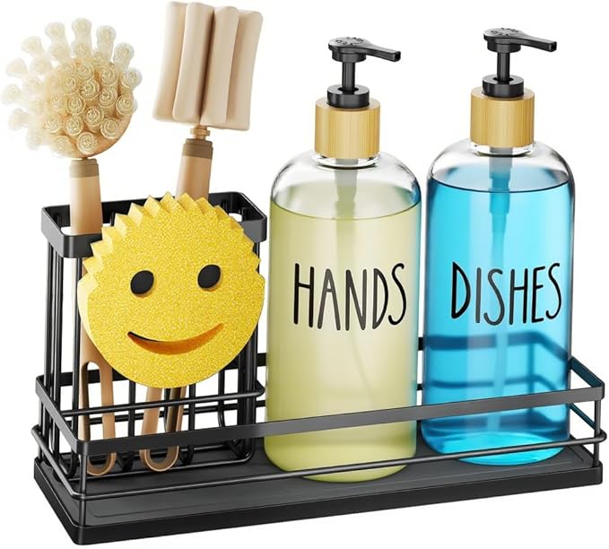 Moforoco Kitchen Dish Soap Dispenser Set, 16OZ Glass Bottle, Hand and Dish Soap