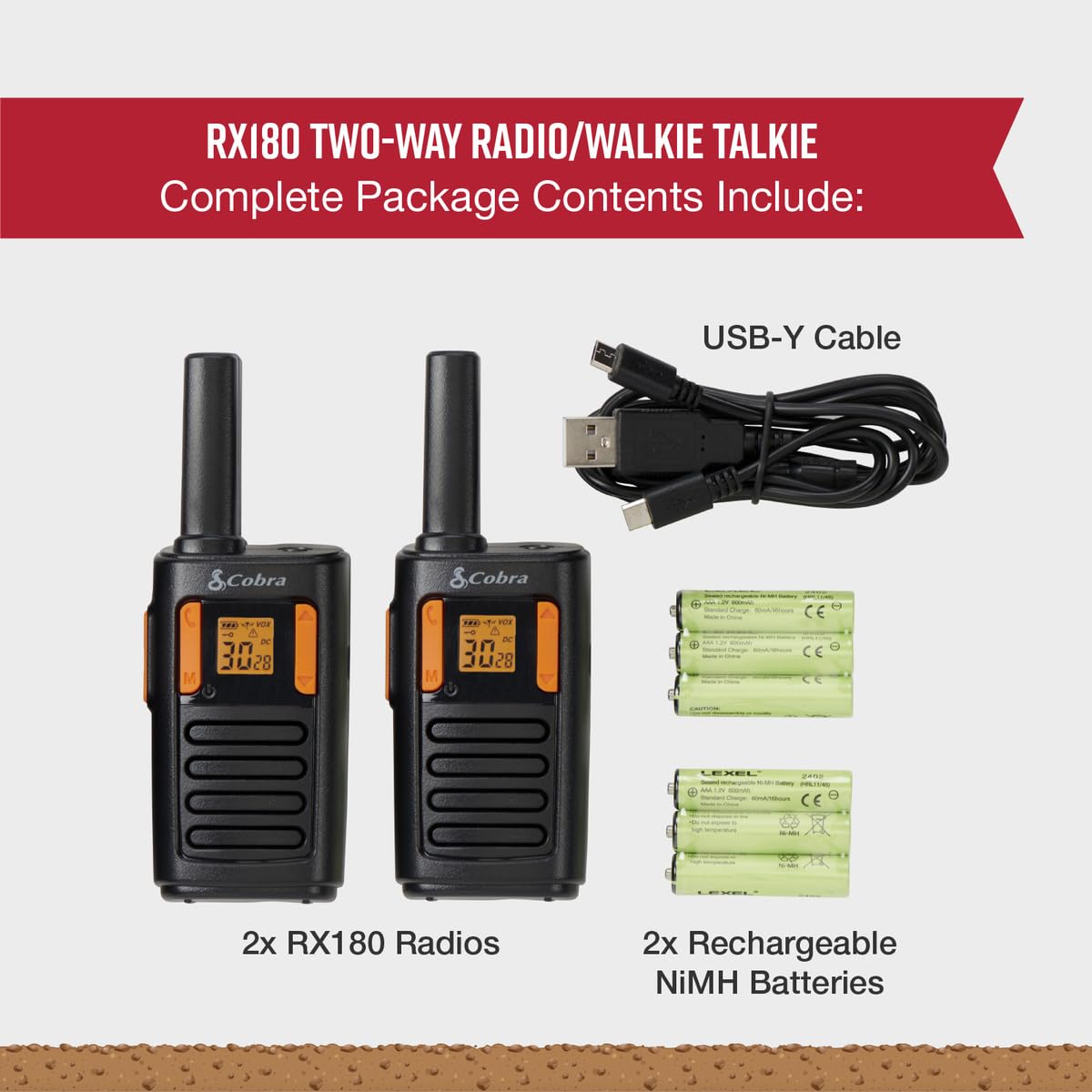 Cobra RX680 Walkie Talkies (2-Pack) - Rugged & Splashproof Two Way Radios Long Range, IP54 Water Resistant Design, 60 Pre-Programmed Channels, Weather Alerts, Included Charging Dock (Black/Orange)