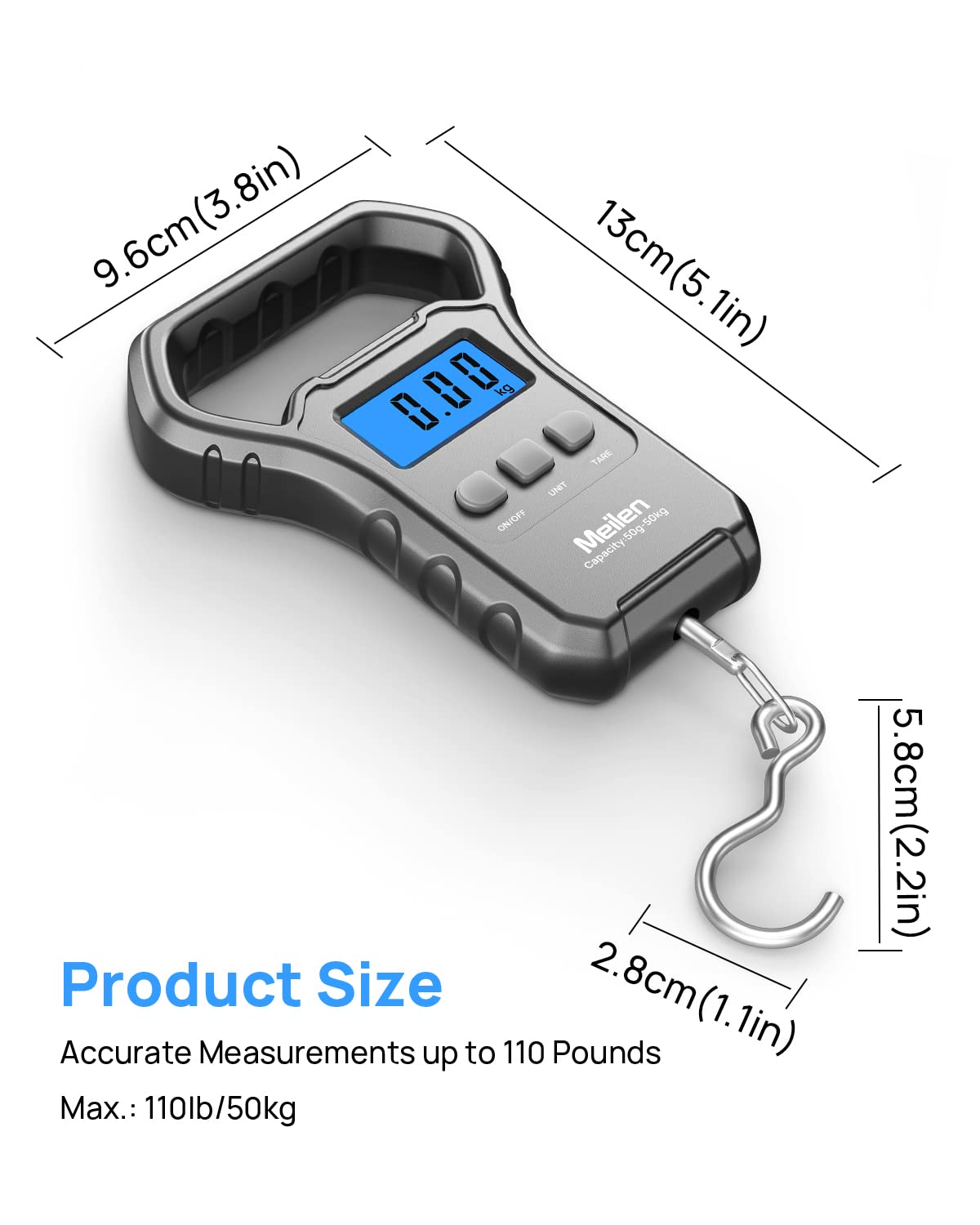 Meilen Fishing Scale,110lb/50kg Hanging Luggage Weigh Scale Unit with Backlit LCD Display, Suitcase Luggage Weigh Divice with Large Handle, Digital Postal Unit Fishing Gifts for Men
