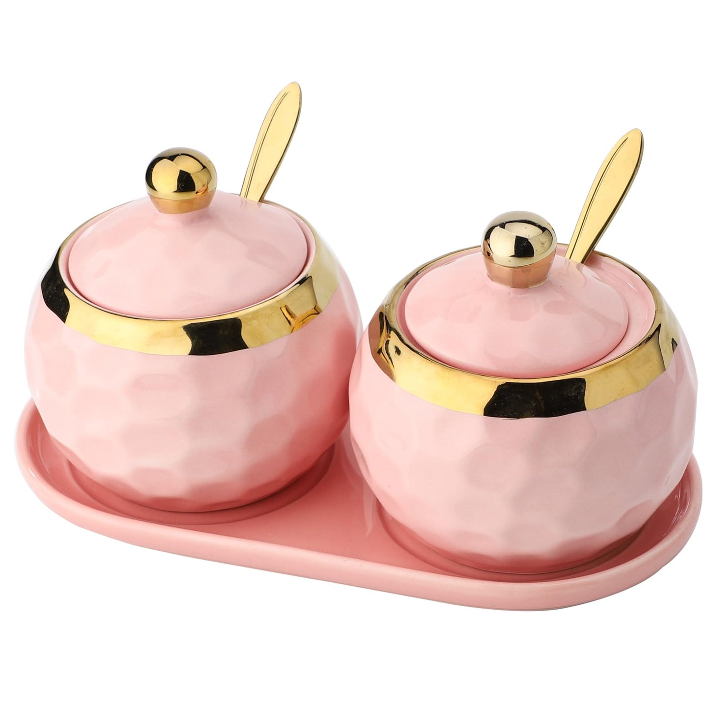 Sailench 10oz Ceramic Sugar Bowl, Golf Design Porcelain Salt Bowl Salt Container Sugar Bowl with Lid and Spoon for Home and Kitchen Coffee Bar (Pink (2pcs))