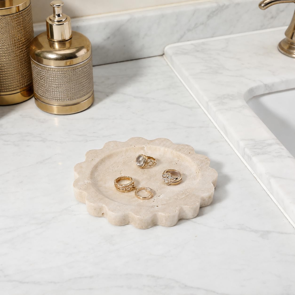 Koville 5.51" Travertine Tray, Natural Stone Trinket Dish for Ring Perfume, Round Scalloped Decorative Tray for Bathroom Vanity Dresser Countertop, Home Table Decor