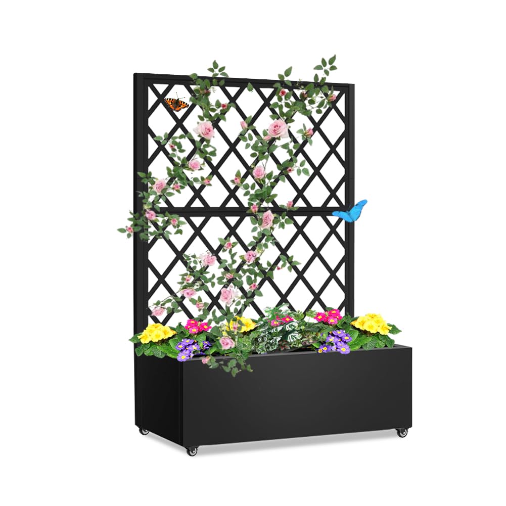 Metal Planter Box with Privacy Screen Trellis,Galvanized Raised Garden Bed On Wheels for Climbing Plants Vines, Standing Garden Flower Bed with Drainage Holes (Black, 35" L x16 W x 55" H)