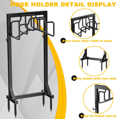 Skycarper Garden Hose Reel Holder Detachable Metal Water Hose Hanger Organizer Heavy Duty Free Standing Hose Stand,Black