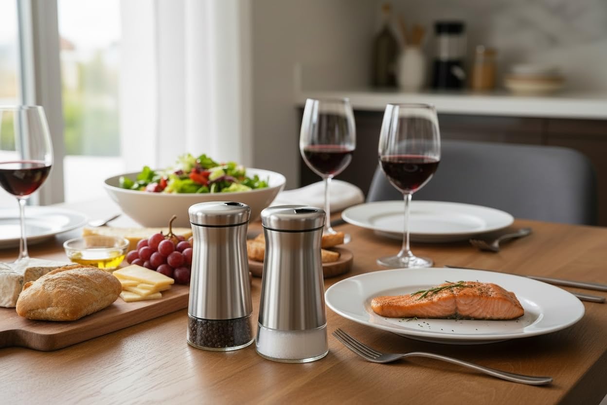 Elegant Silver Salt and Pepper Shaker Set Adjustable Stainless Steel and Glass Modern Design Adjustable Top Makes it the ideal Spice and Seasoning Dispenser Kitchen Sugar and Cinnamon Shakers
