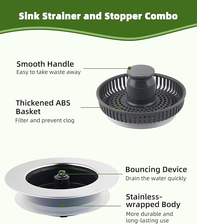 Universal Kitchen Sink Strainer Stopper Combo, 3 in 1 Pop Up Kitchen Sink