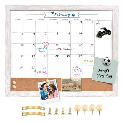 TORASO Whiteboard Calendar & Corkboard, Small Combination Dry Erase White Board & Bulletin Board, 13" x 17", White Wood Framed Calendar/Cork Combo Board(ZHYL-WH-3343)