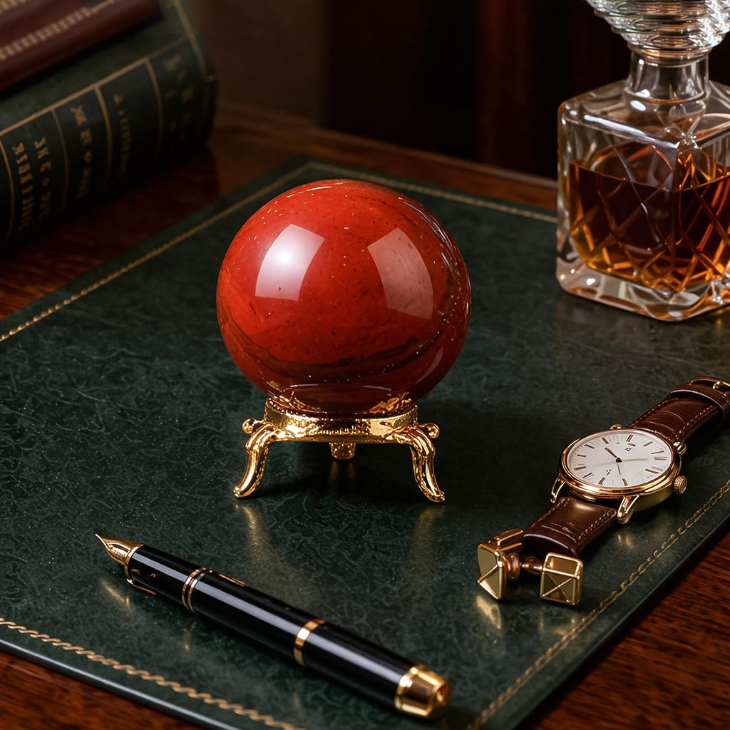 Crocon 55mm Red Jasper Stone Sphere Ball with Metal Stand 1400+ Carats Gemstone Ball Healing Sphere Sculpture Figurine for Fengshui Divination Home Decoration Photography Crystal Sphere