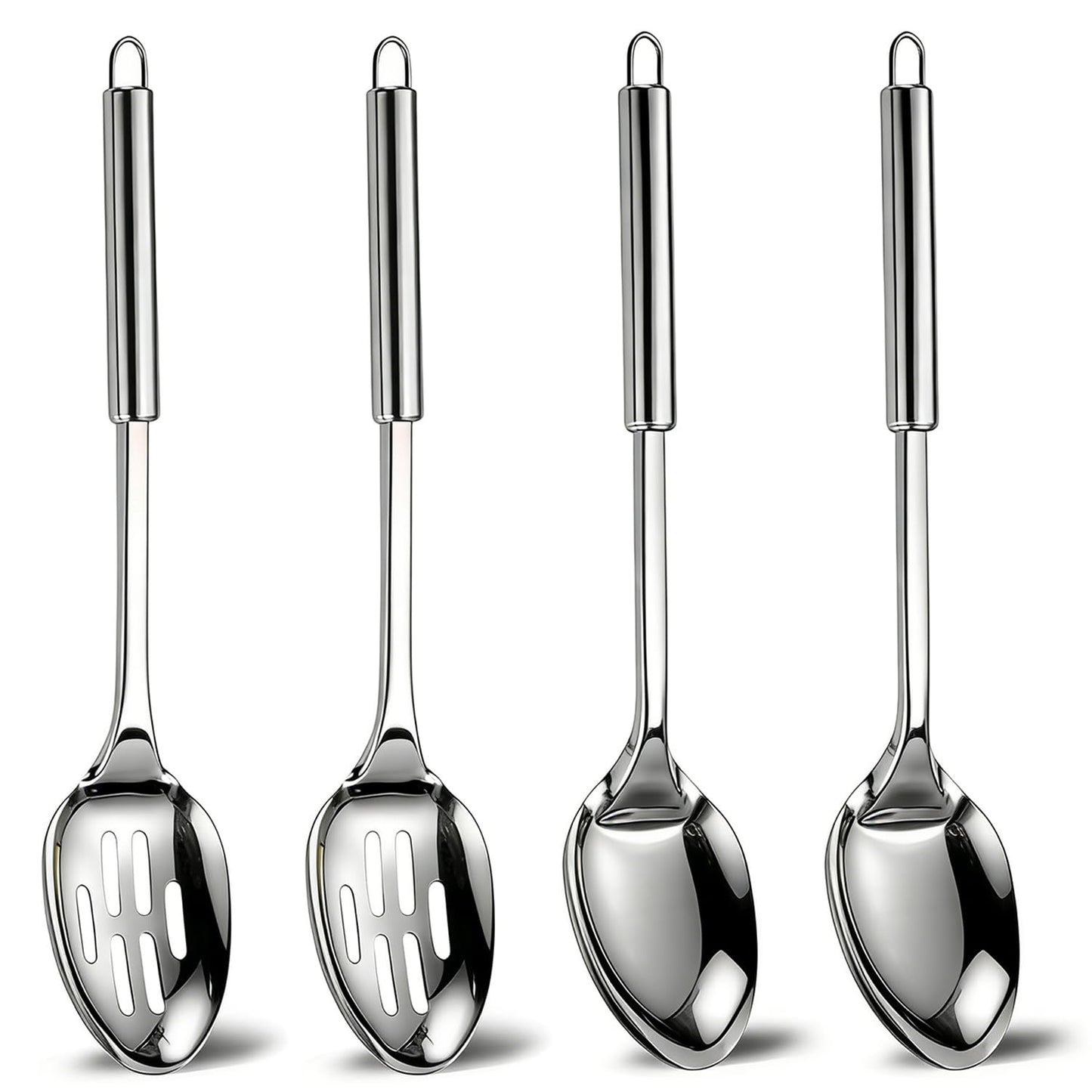 4 Pack Stainless Steel Cooking Spoon Set,Kitchen Large Cooking Spoons with Round Handle,Polished Metal Slotted Spoon &Serving Spoon, Heat Resistant Basting Spoons for Cooking,Mixing and Serving Food