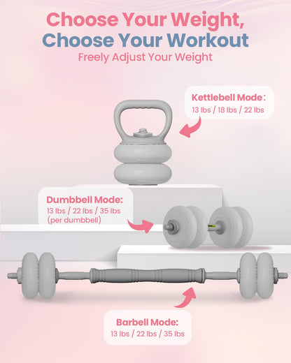 kisnbld Adjustable Dumbbell Set, 13/18/22/35LBS SoftShell Weight Set with Connector 4-IN-1 Dumbbell Set Used as to Barbell & Kettlebell for Home Gym, Fitness Exercise for Men Women Beginners, Gray