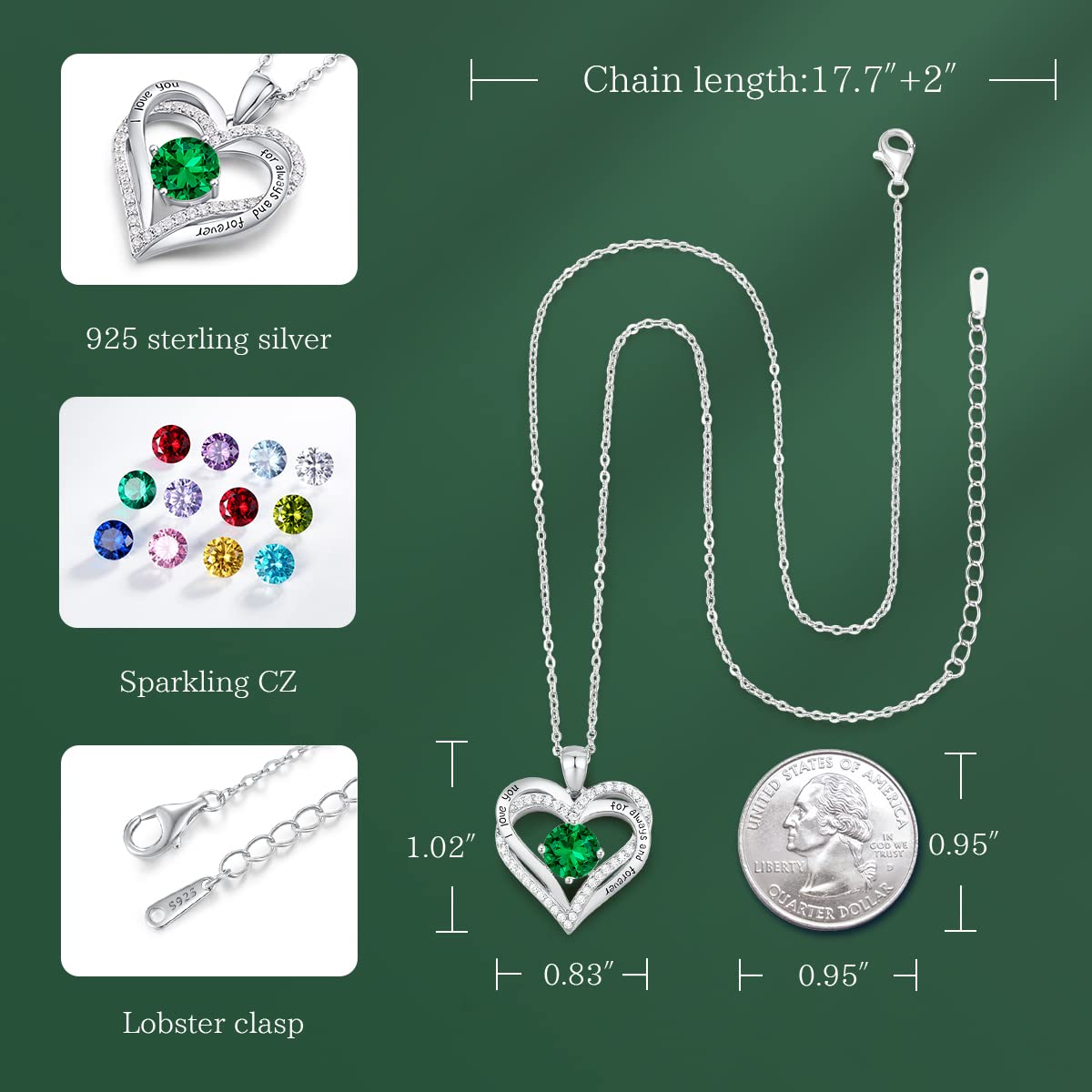 CDE Valentine's Day Gift Forever Love Heart Necklaces for Women, Wedding Anniversary, Birthday Mothers Christmas Day Gifts for Mom, Mother, Wife, S925 Silver Jewelry with Birthstone Pendant