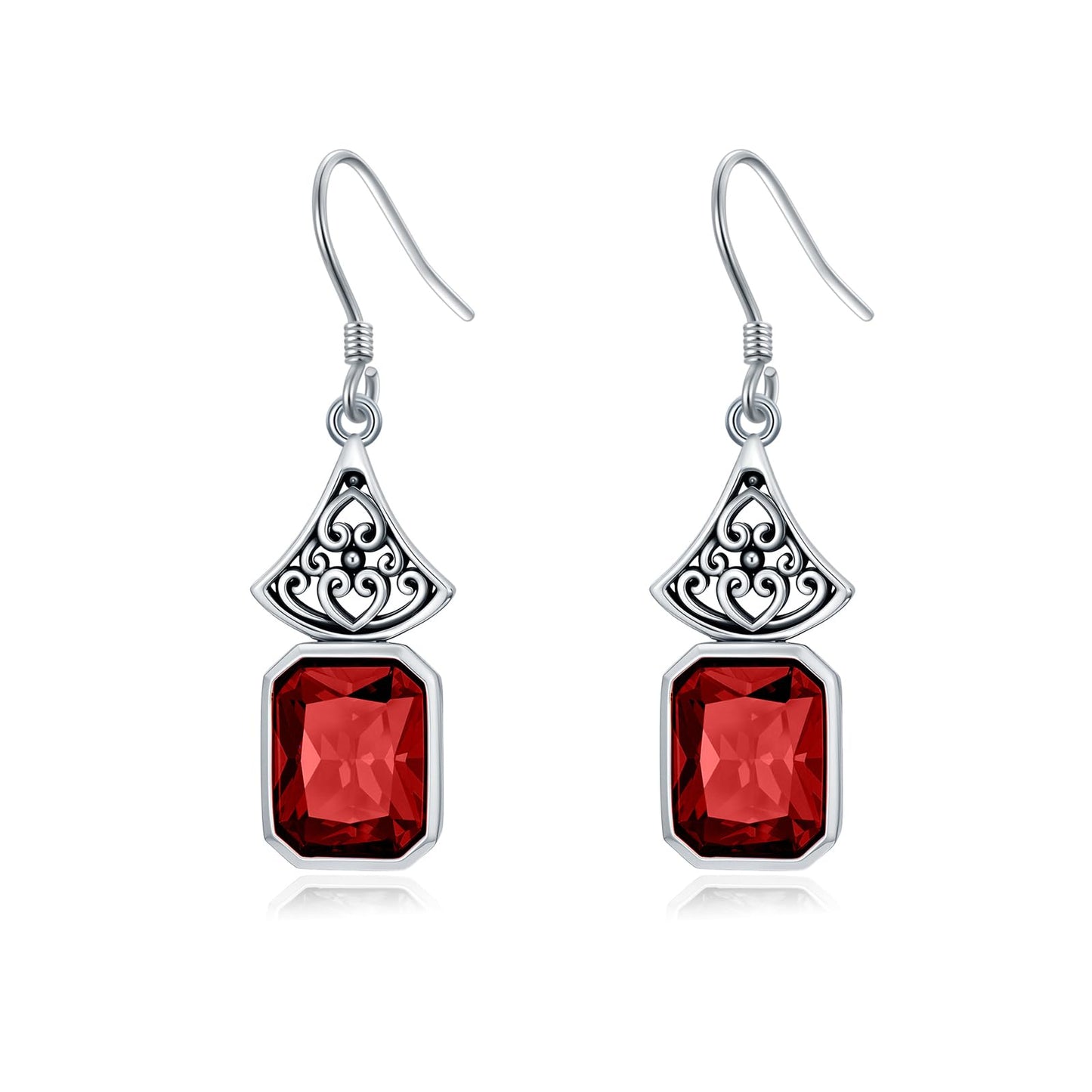 Vintage Earrings 925 Sterling Silver Oxidized Dangle Drop Earrings with Emerald Cut Red Garnet January Birthstone Anniversary Jewelry Gifts for Women