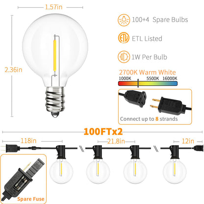 Svater Outdoor String Lights 200 FT, Patio Lights with 104 Shatterproof LED Bulbs, Commercial Grade Waterproof Plastic Hanging Light for Bistro Backyard Cafe Market, Warm White 2700K (2 X 100 FT)
