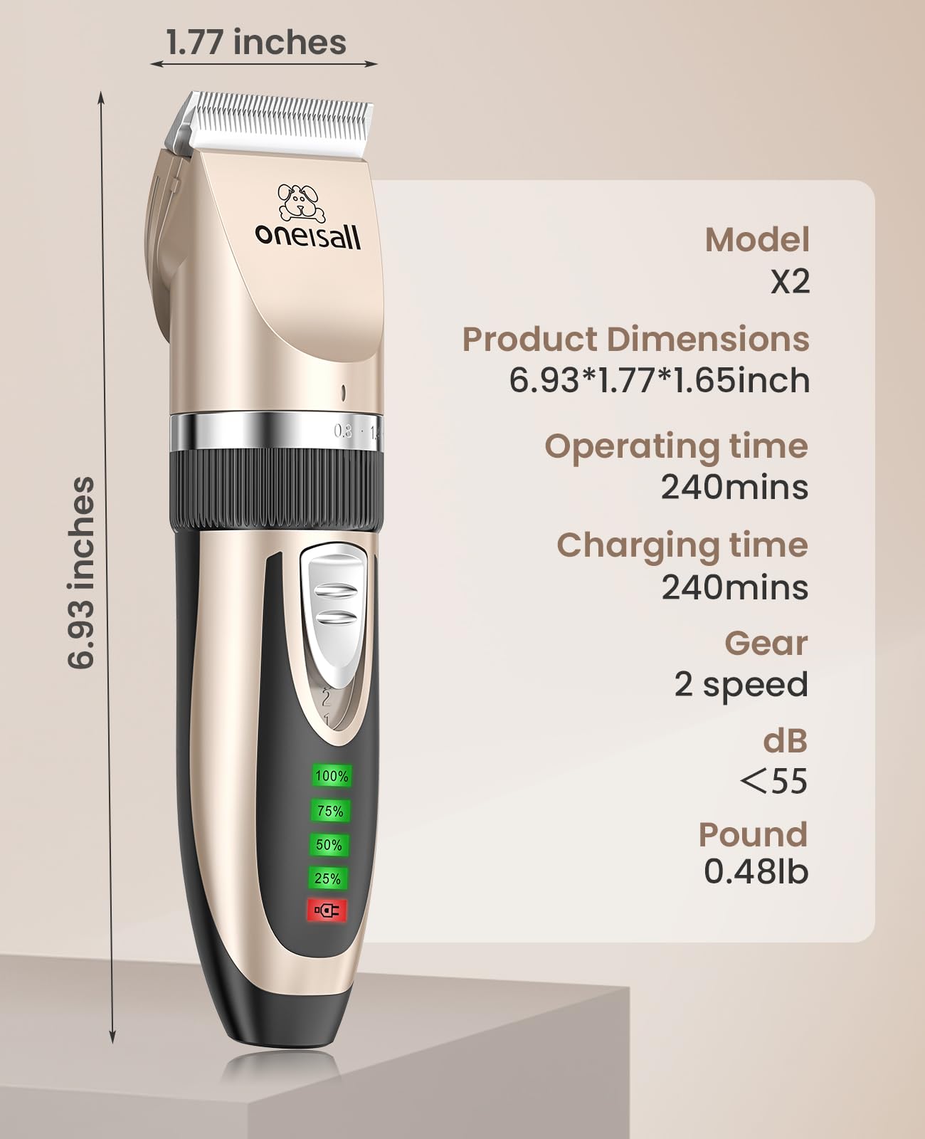 oneisall Quiet Cat Clippers for Matted Hair, 2-Speed Cordless Cat Grooming Kit Low Noise Pet Clipper Shaver for Dogs Cats Animals (Gold)