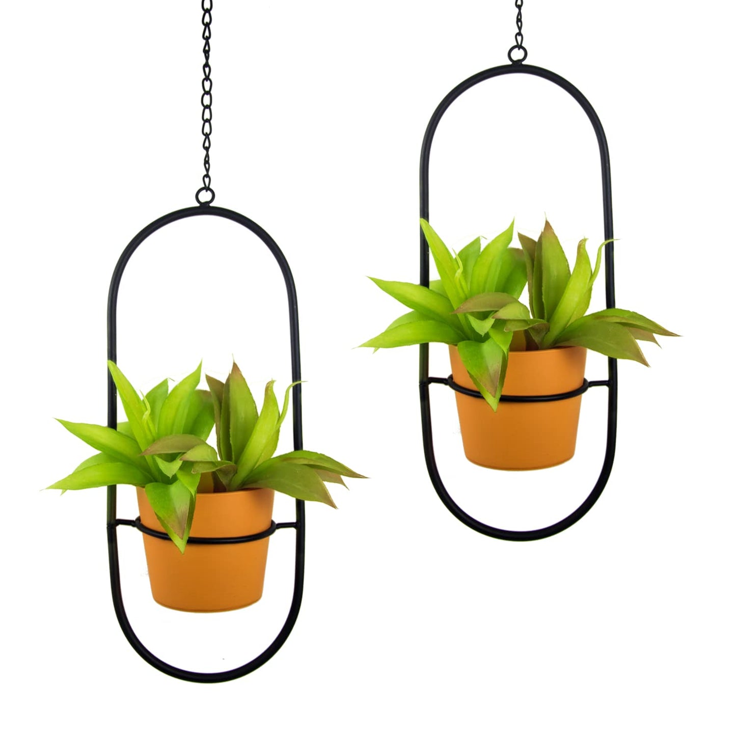 HemePaha Modern Metal Hanging Planters with 5 Inch Pots - Set of 2 Oval Geometric Plant Hangers - Black Wall and Ceiling Mount Flower Holders for Indoor and Covered Outdoor Houseplants