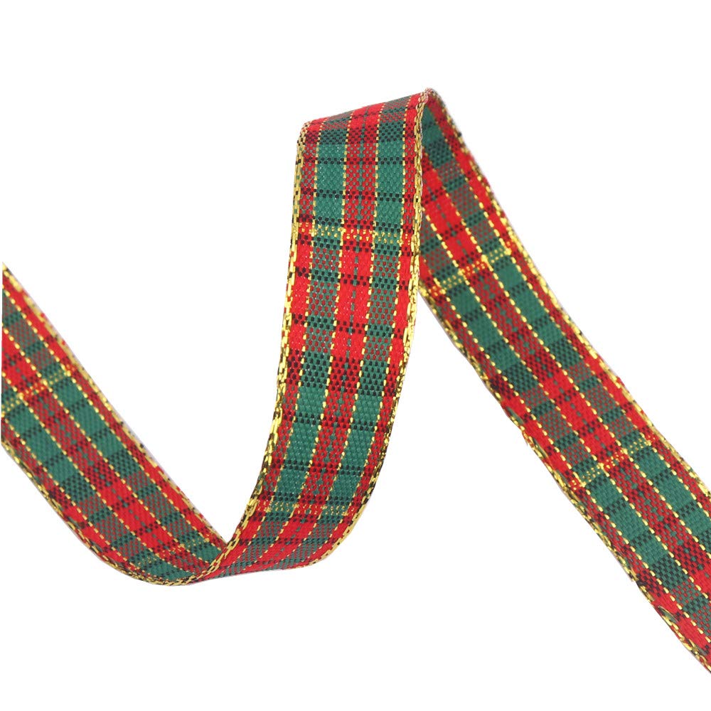 Christmas Gingham Ribbon, Traditional Tartan Ribbon, 100% Polyester Checkered Ribbon, Woven Edge Plaid Ribbon for Christmas Crafts, Gift Wrapping Red/Green/Gold (Special Design 5/8 Inch(16mm))