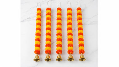 Arts Of India Handmade Artificial Marigold Flowers Garland for Decoration Door Toran Genda Phool for Diwali Wedding/Festivals with Bells Pack of 5