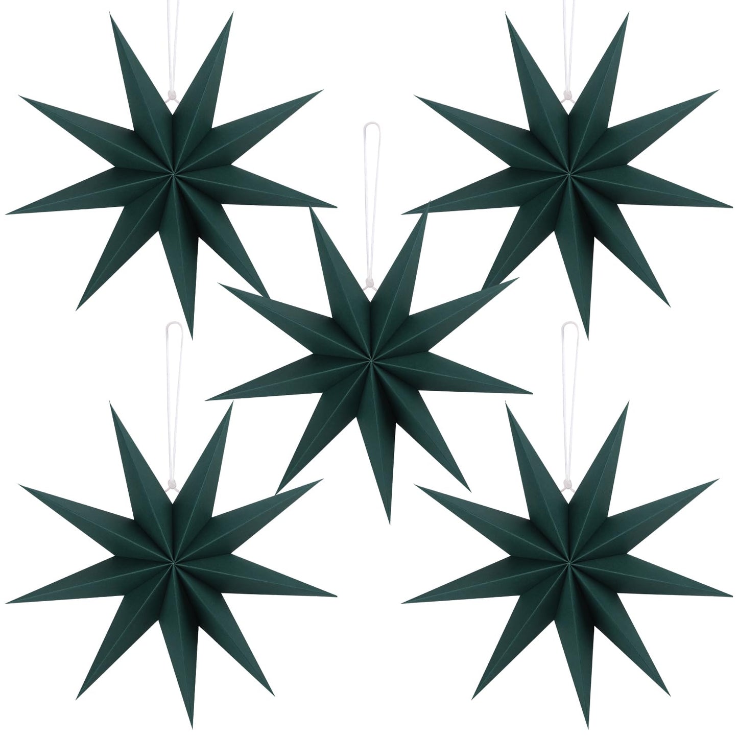 BestoFun 12 Inches 5 PCS Dark Green Paper Star Lanterns Christmas Party Decorations Hanging Stars Christmas Party Decorations Wedding Birthday Christmas Home Party Decorations(9 Pointed)