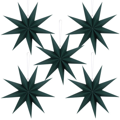 BestoFun 12 Inches 5 PCS Dark Green Paper Star Lanterns Christmas Party Decorations Hanging Stars Christmas Party Decorations Wedding Birthday Christmas Home Party Decorations(9 Pointed)