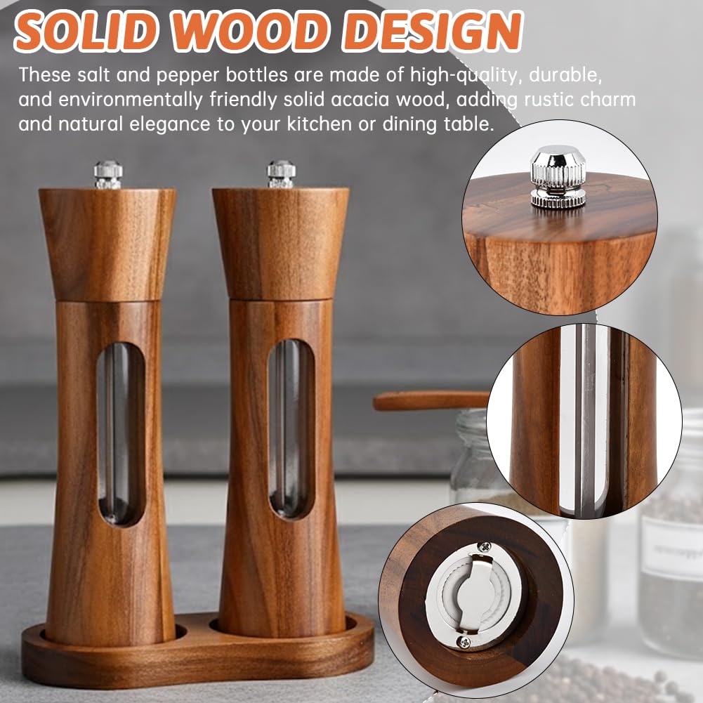 Wooden Salt and Pepper Grinder Set, Manual Spice Mills with Wooden Spoon, Cleaning Brush,Stable Base Plate,8 Inch Refillable Salt and Pepper Mills Adjustable Coarseness