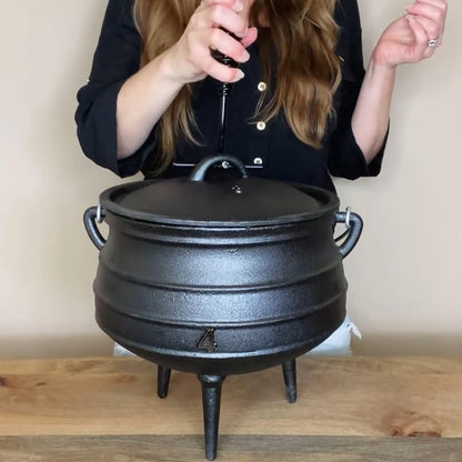 12 Quart Cast Iron Dutch Oven Cauldron Pot - Camping Cookware with Lid - Pre-Seasoned Heavy-Duty Potjie for Stews, Soups, Braising, and Frying Over Fire Pit Grill or Camp Stove
