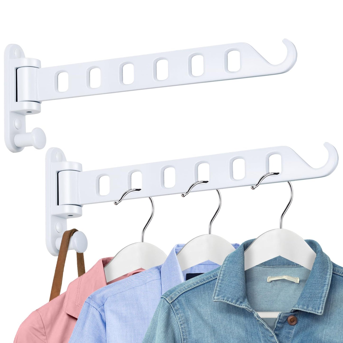 SKIKEN White Laundry Drying Rack with Swing Arm, Wall Mounted Clothes Hanging Rack, Swing Away, Folding Valet Hook, Sturdy Coat Hanger Holder for Laundry Closet (2-Pack, White)