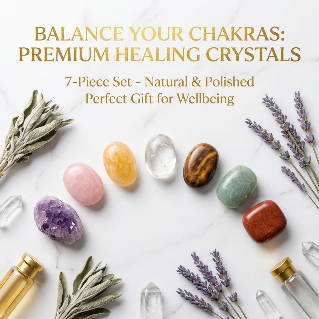 7 Chakra Crystal Stones Set – Healing Tumbled Gemstones for Meditation, Reiki & Chakra Balancing – Amethyst, Rose Quartz, Citrine, Clear Quartz, Tiger Eye, Green Aventurine & Red Jasper