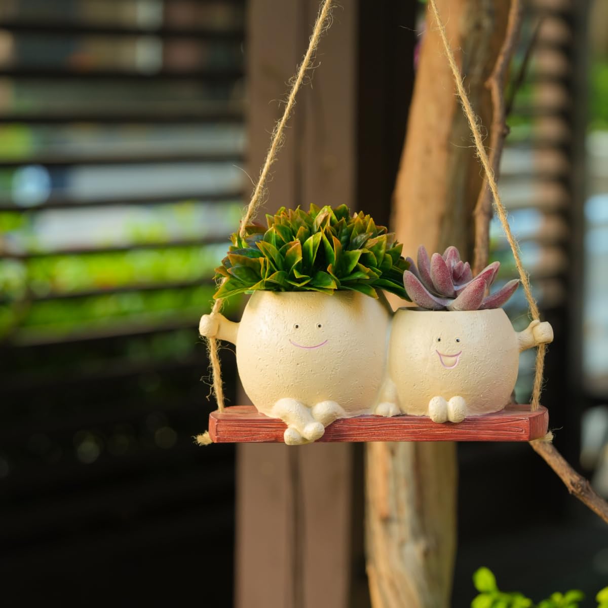SeoatLink Double Head Flower Pot, Smiley Face Hanging Planter Pots, Cute Swinging Planters with Drainage, Unique Succulent Flower Pot Suitable for Indoor and Outdoor Decoration Khaki
