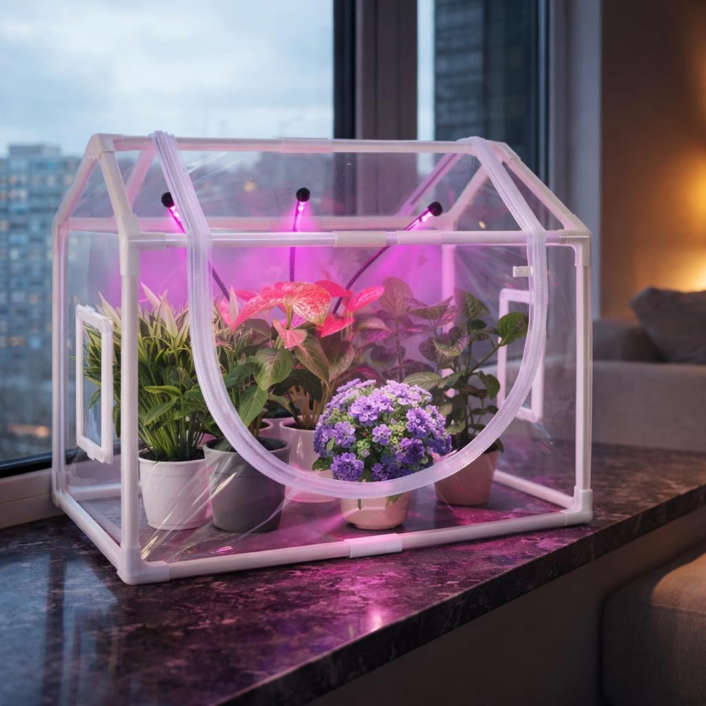 Vercome Indoor Mini Greenhouse with Grow Light, Tabletop Small Greenhouse for Beginners, All-in-One Tiny Plant Nursery Kit with Adjustable LED Light & Timer, Smart Grow Tent for Herbs, Gardening Gift