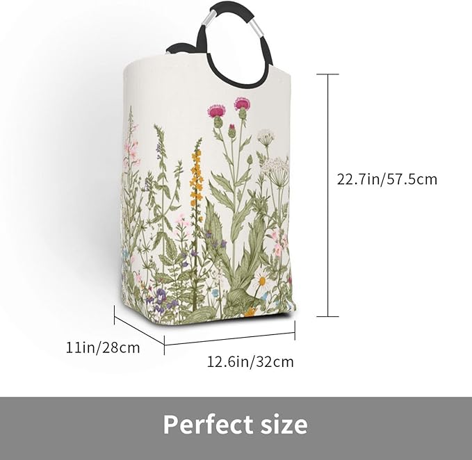 Vintage Floral Plants Laundry Basket Wild Flowers Herbs Foldable Collapsible