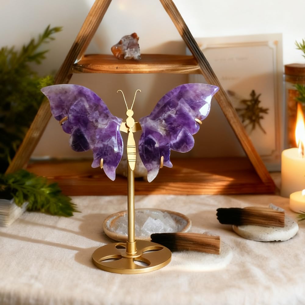Natural Crystal Quartz Agate Stone Butterfly Wings with Stand Healing Crystal Gemstone Carving Office Home Decor (Dream Amethyst)
