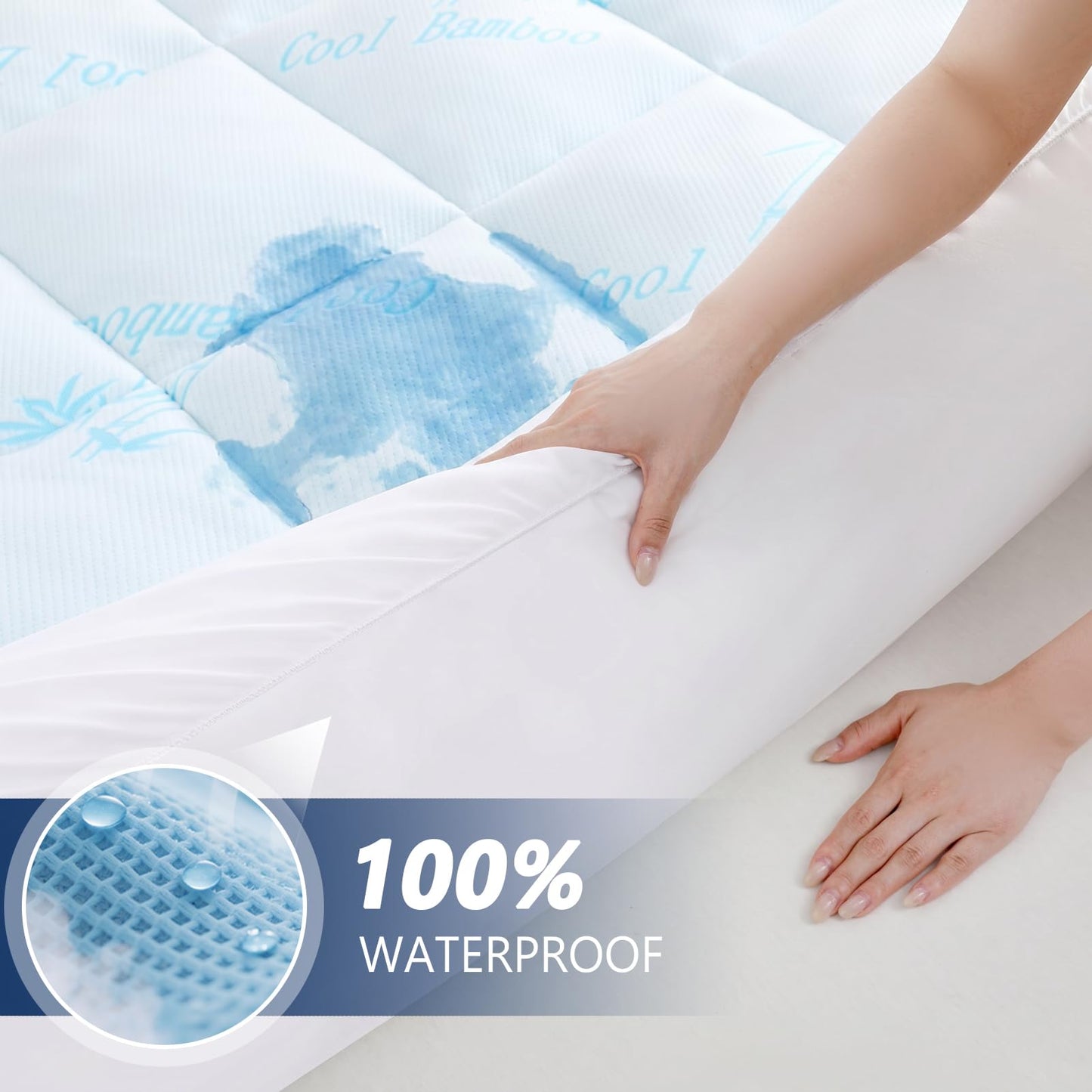 DOWNCOOL 100% Waterproof Full Size Mattress Topper, Cooling Pillow Top Memory Foam Mattress Topper for Hot Sleepers, Viscose Derived from Bamboo, Deep Pocket Fits 8-21 Inch