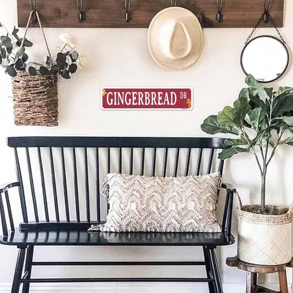 Gingerbread Dr Sign Funny Christmas Metal Street Signs Novelty Fresh Baked Poster Wall Art Decor for Kitchen Patio Yard Office Cafe Barf, Aluminium, 4x16 Inches