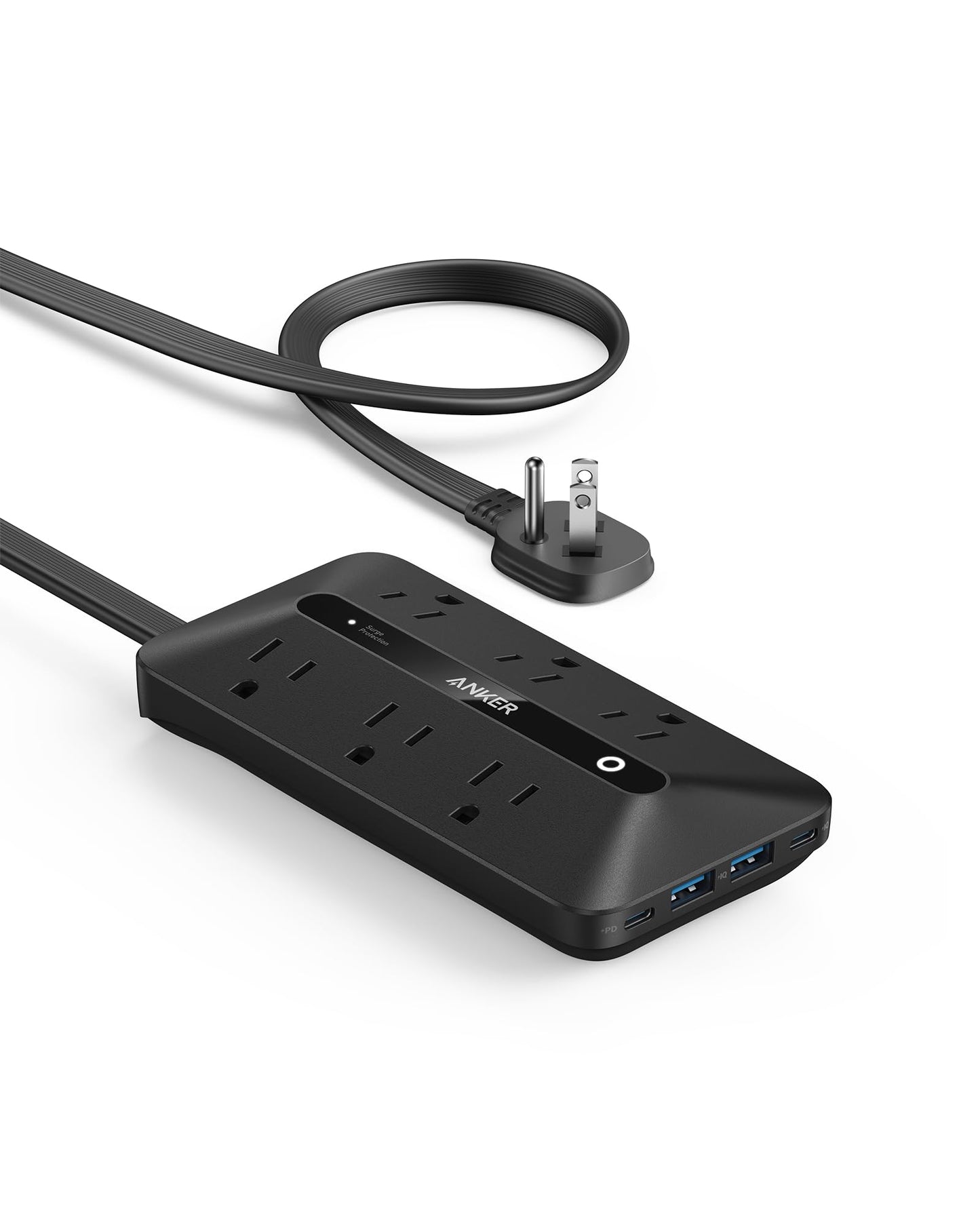 Anker 300J Flat Plug 10-in-1 Ultra Thin Power Strip with 6 AC, 2 USB-A & 2 USB-C Ports, Extension Cord, Desk Charging Station for Home, Office, College, Dorm, 5 Feet, Black