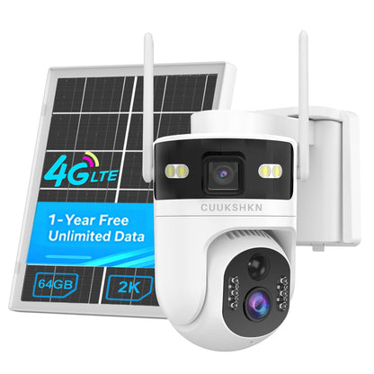 CUUKSHKN Dual Lens 4G LTE Cellular Security Camera Wireless Outdoor,365 Day Free Unlimited Data,No WiFi Solar Powered,360°Auto Tracking,2K Color Night Vision,PTZ Motion Dtetection,Tuya Smart Camera