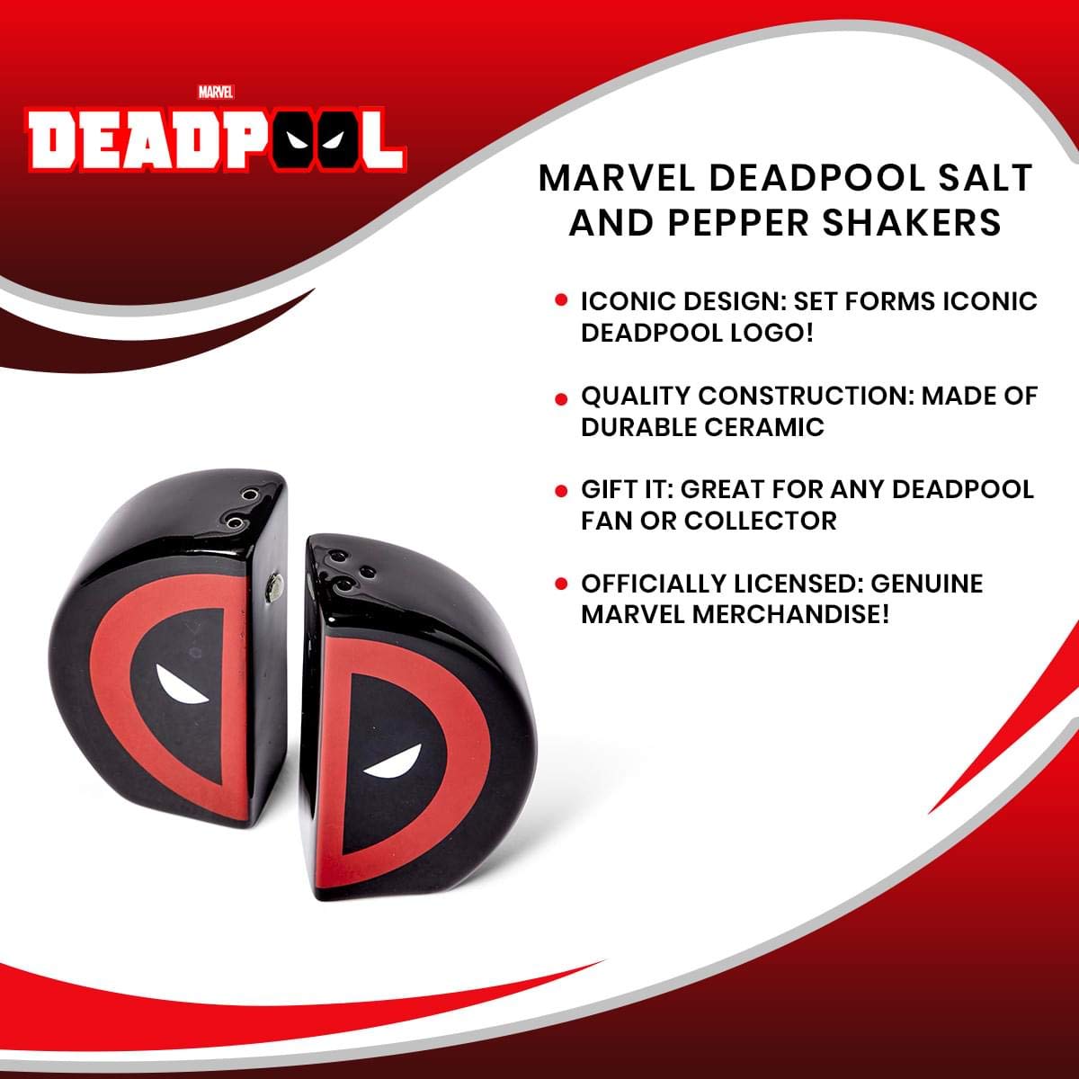 Marvel Deadpool Salt and Pepper Shaker Set - Novelty Red & Black Ceramic Shakers - Cute Kitchen & Table Accessories - Funny Seasoning Holder - Home Cooking Items - Superhero Movie & Comic Stuff Gifts