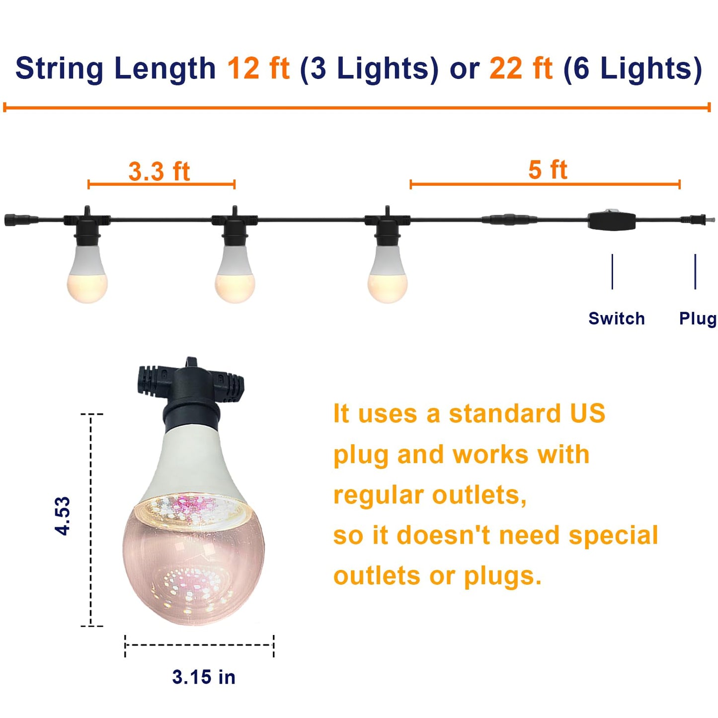 LED Grow Light Bulbs on a 22 ft Rainproof String, 90W Waterproof Full Spectrum Hanging Plant Growing Lamps, E26 Base for Backyard, Garden, Farm (6 Lights)