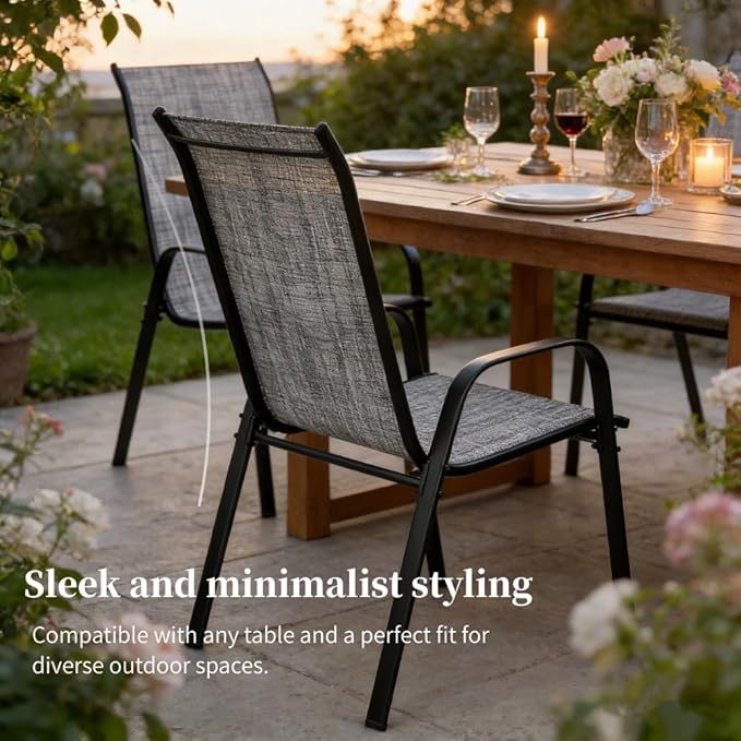 MAMIZO Patio Dining Chairs, Stackable All Weather Teslin Chair, Heavy Duty Outdoor Breathable Chairs Set, w/Armrests, Upgraded Chair FeetW/Strenthened Iron Spacers, 330 LBS (8, Grey)