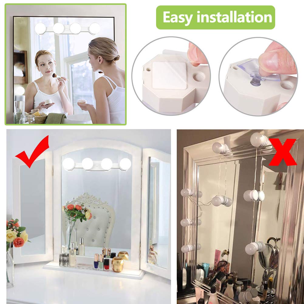 Makeup Lights Cordless Portable, LED Vanity Mirror Light Kit Hollywood Style USB Rechargeable, 4 Dimmable Bulbs Multifunction Fill Lights Battery Powered for Dressing Table Bathroom (No Mirror)