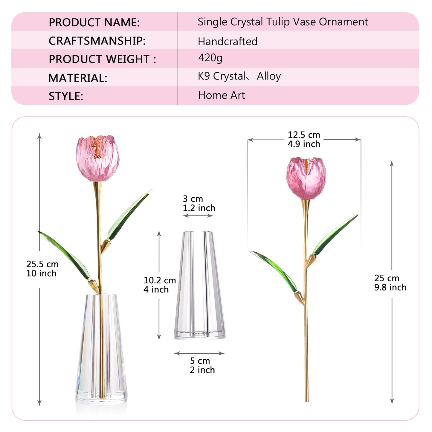 RONG KRISTO Crystal Tulip Collectible Figurines Glass Flower with Vase Artificial Flowers Home Decor Gift for Women Mom（Pink）