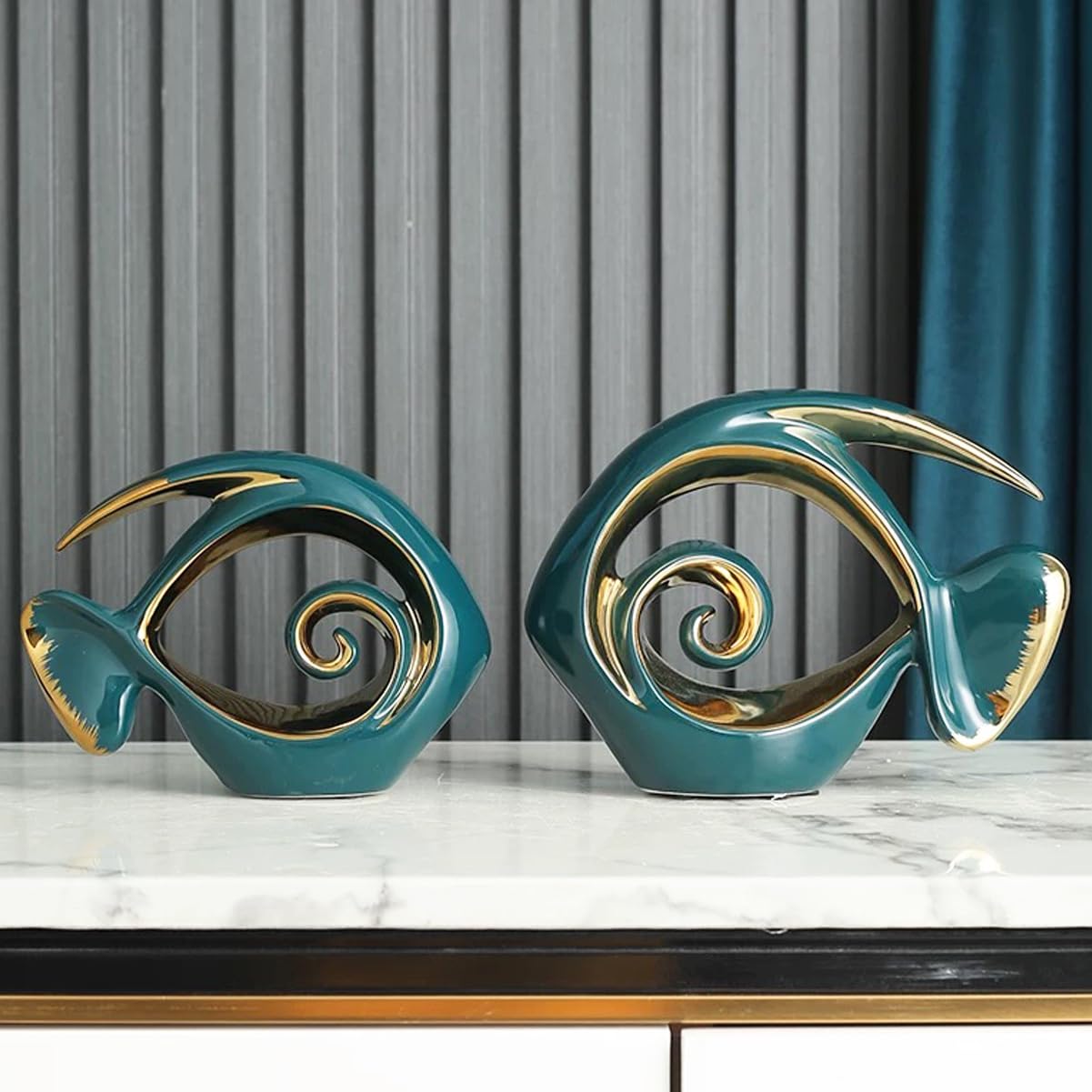 Tuioyoc Ceramic Statues Angelfish Home Decor Modern Style Figurine Green and Gold Decorative Ornaments for Living Room, Table Centerpiece, Kitchen, Office Desktop, Shelf, Entryway Decoration