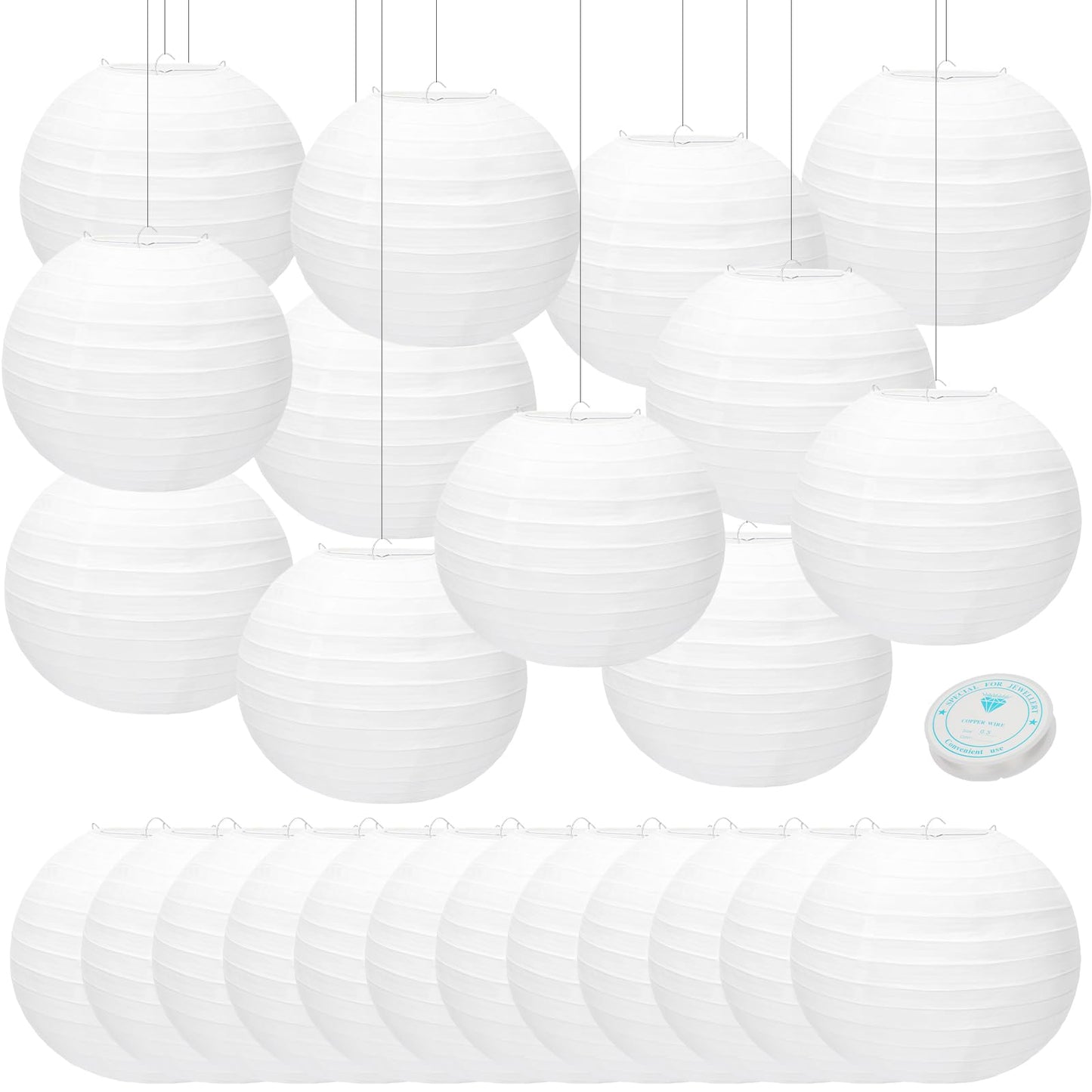 24 Packs White Paper Lanterns 10 Inch Chinese Japanese Hanging Paper Lanterns Lamp Round with Clear Fishing Line DIY Table Centerpiece Decoration for Wedding Birthday Party Baby Shower Indoor Outdoor